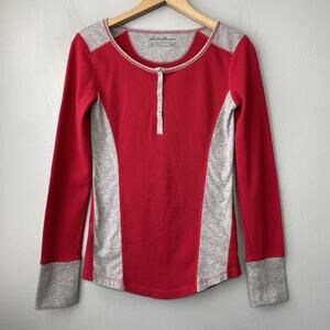 Y2K Eddie Bauer Henley Shirt Size Small Red Gray Thermal Waffle Knit Outdoor